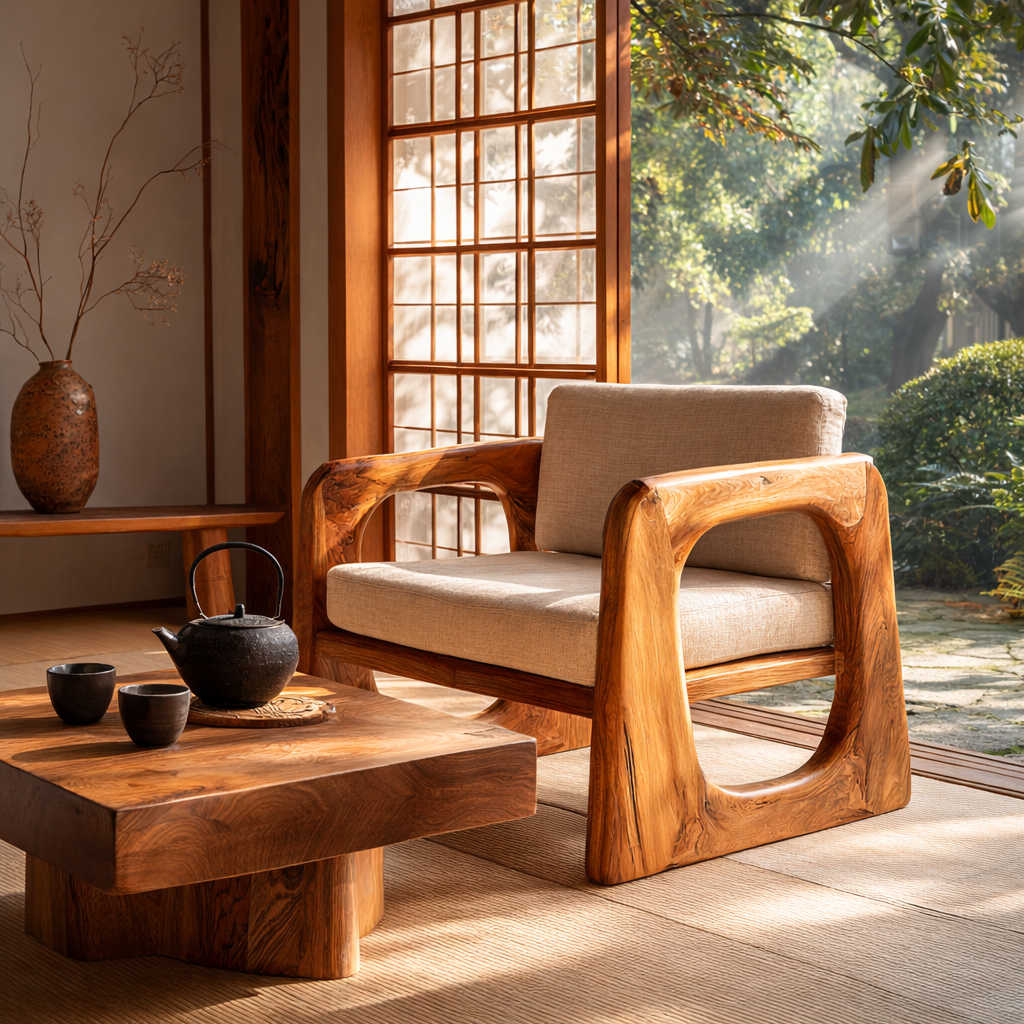 Solid Wood Lounge Armchair with Sculpted Frame for Living Room Reading Corner