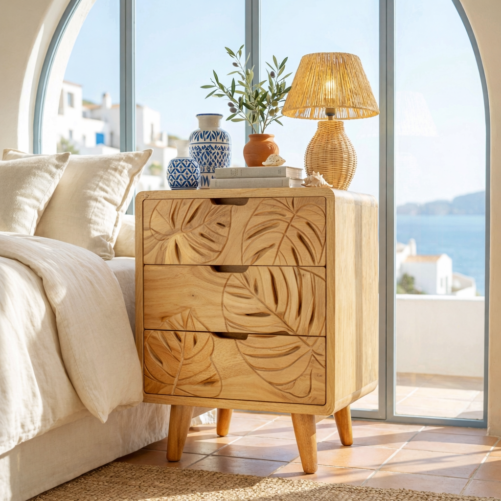 Handcrafted Solid Wood Bedside Cabinet with Tropical Leaf Carved Drawer Fronts