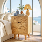 Handcrafted Solid Wood Bedside Cabinet with Tropical Leaf Carved Drawer Fronts