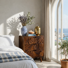Handcrafted Solid Wood Bedside Cabinet with Tropical Leaf Carved Drawer Fronts