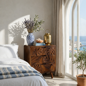 Handcrafted Solid Wood Bedside Cabinet with Tropical Leaf Carved Drawer Fronts