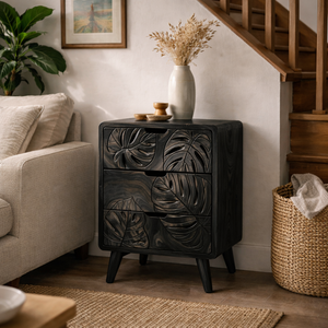 Handcrafted Solid Wood Bedside Cabinet with Tropical Leaf Carved Drawer Fronts