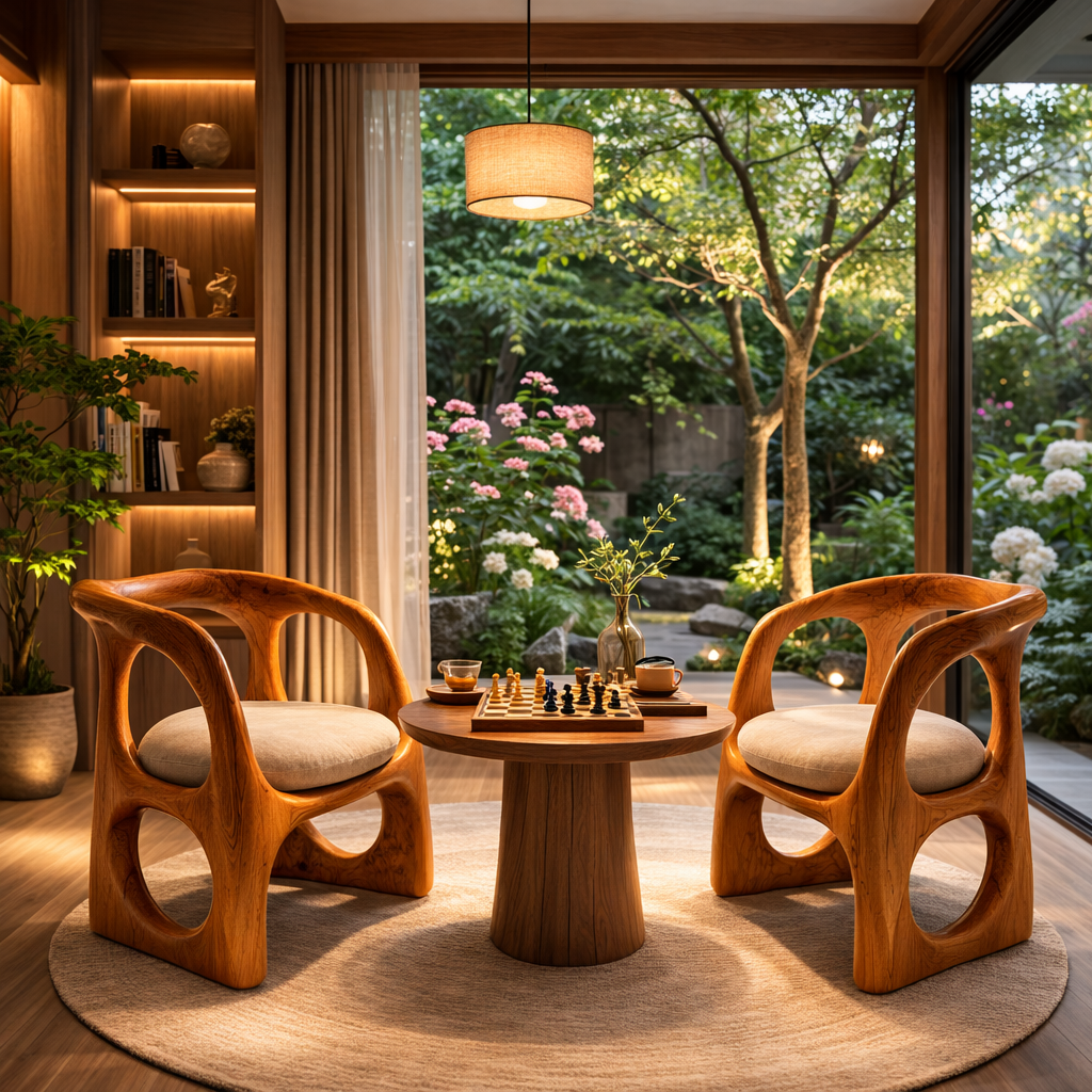 Organic Solid Wood Lounge Chair with Sculpted Frame for Living Room Reading Corner or Tea Room