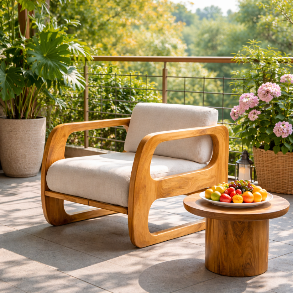 Modern Solid Wood Lounge Chair with Curved Armrests for Living Room