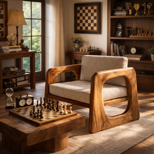 Solid Wood Lounge Armchair with Sculpted Frame for Living Room Reading Corner