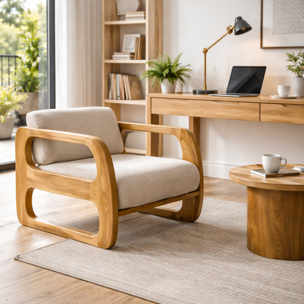 Modern Solid Wood Lounge Chair with Curved Armrests for Living Room