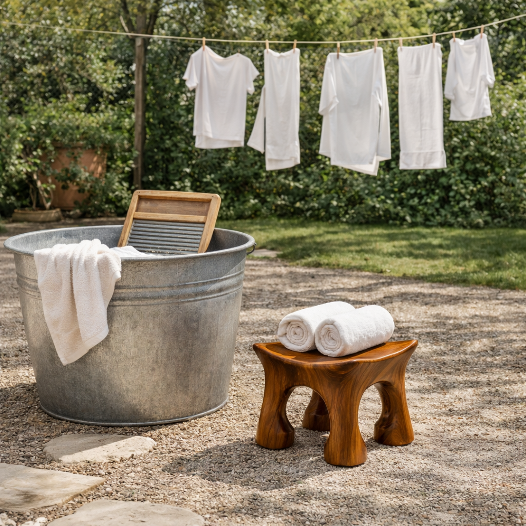 Solid Wood Shower Stool with Sculpted Organic Seat for Bathroom Spa Corner