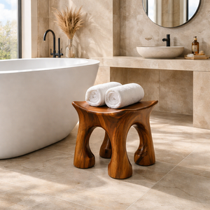 Solid Wood Shower Stool with Sculpted Organic Seat for Bathroom Spa Corner