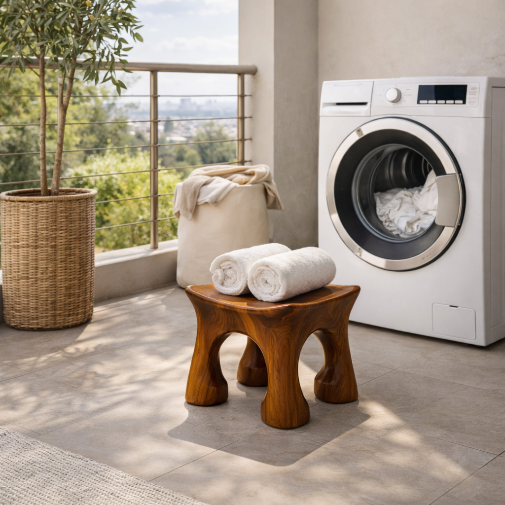 Solid Wood Shower Stool with Sculpted Organic Seat for Bathroom Spa Corner