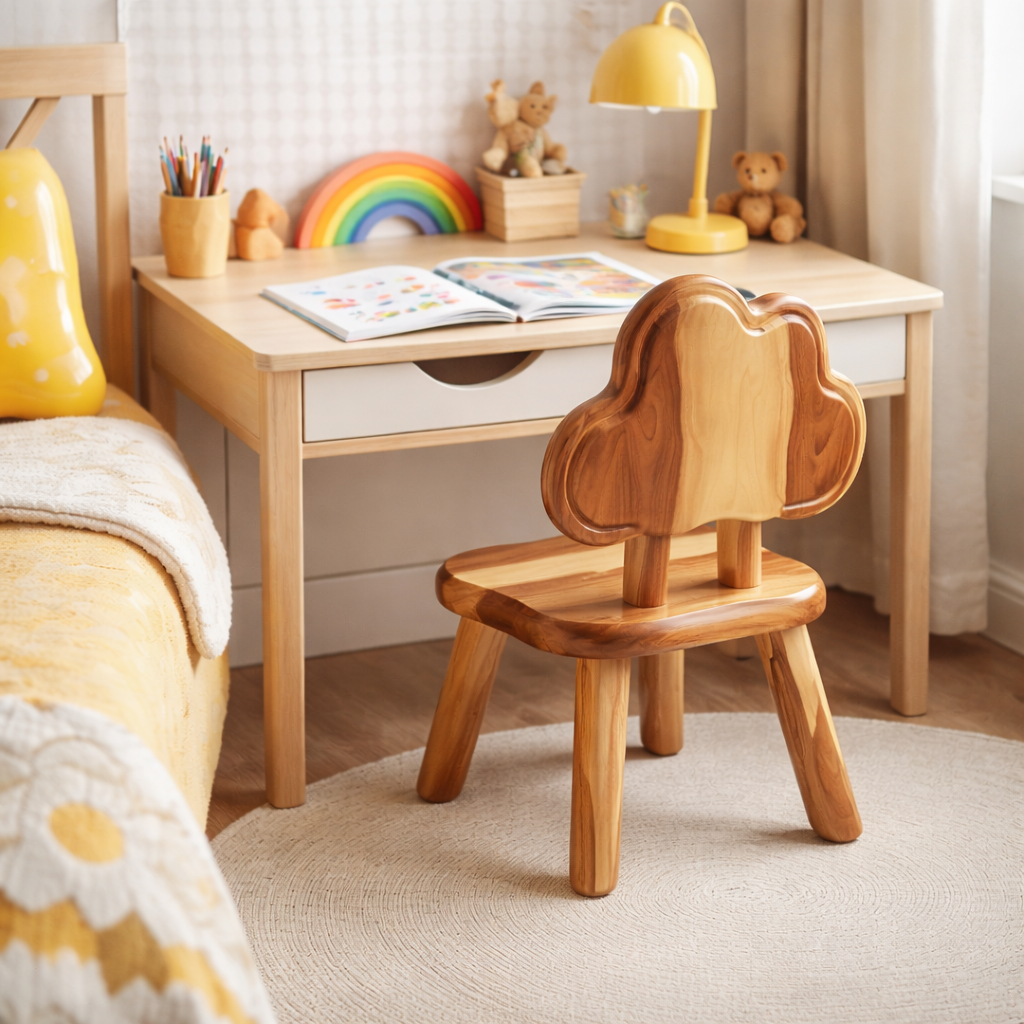 Solid Wood Kids Chair with Tree Shaped Backrest for Playroom, Dining Area or Nursery Space