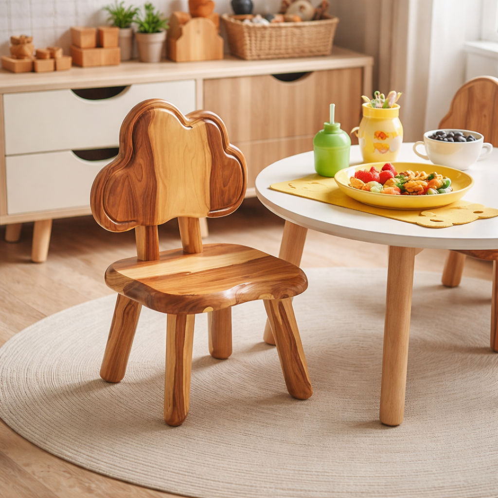 Solid Wood Kids Chair with Tree Shaped Backrest for Playroom, Dining Area or Nursery Space