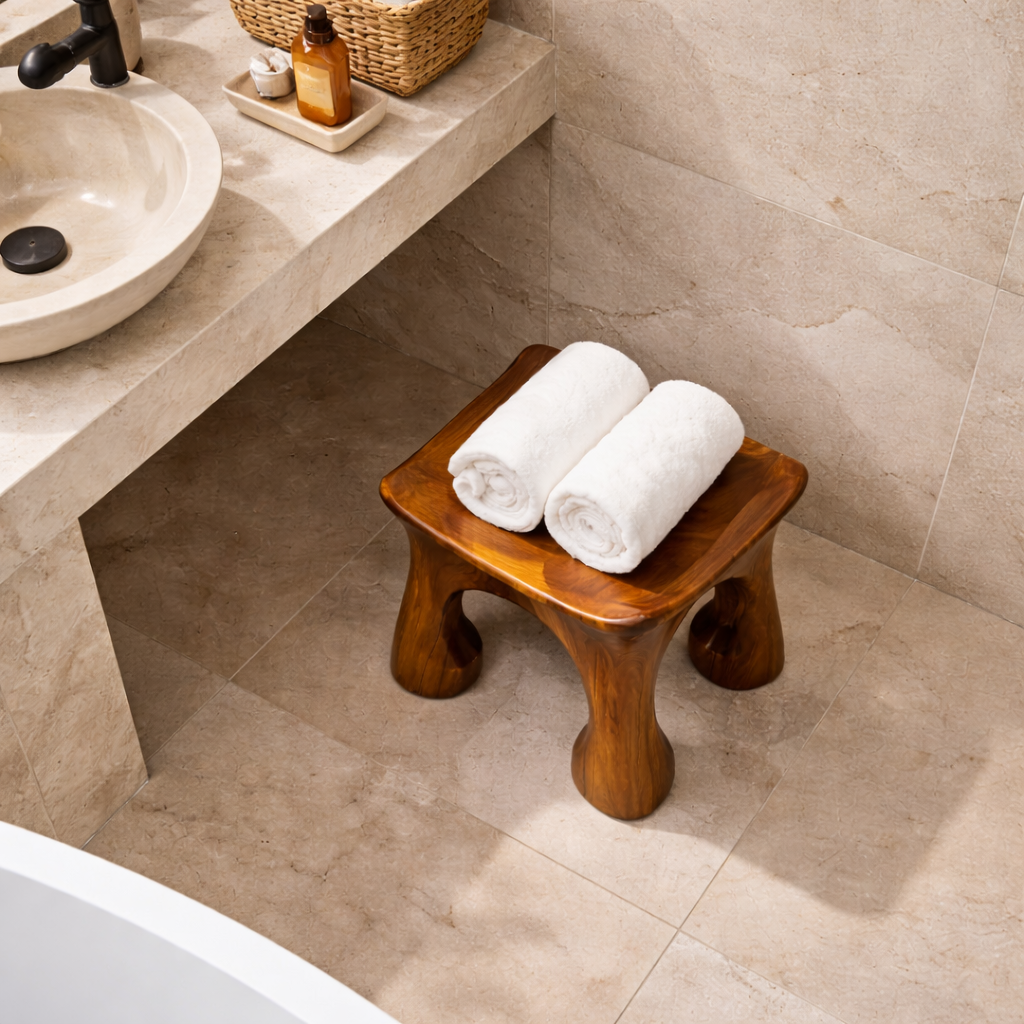 Solid Wood Shower Stool with Sculpted Organic Seat for Bathroom Spa Corner