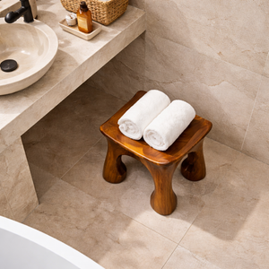 Solid Wood Shower Stool with Sculpted Organic Seat for Bathroom Spa Corner