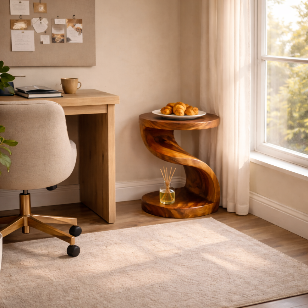 Organic Solid Wood Side Table with S Shaped Base for Modern Living Room