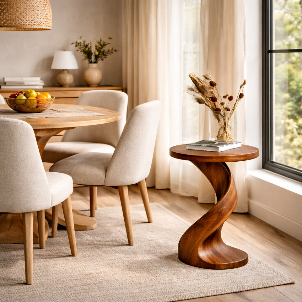 Modern Solid Wood Side Table with Twisted Pedestal Base for Living Room Seating