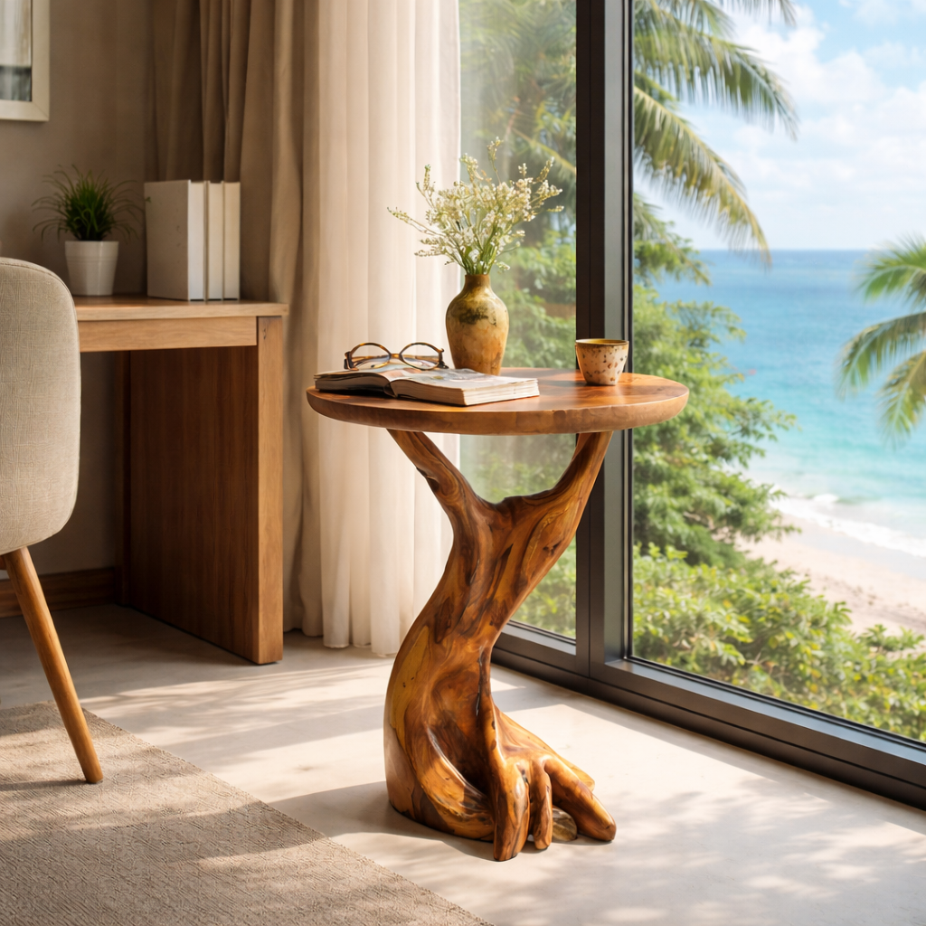 Root Form Solid Wood Accent Side Table with Round Top for Living Room Decor
