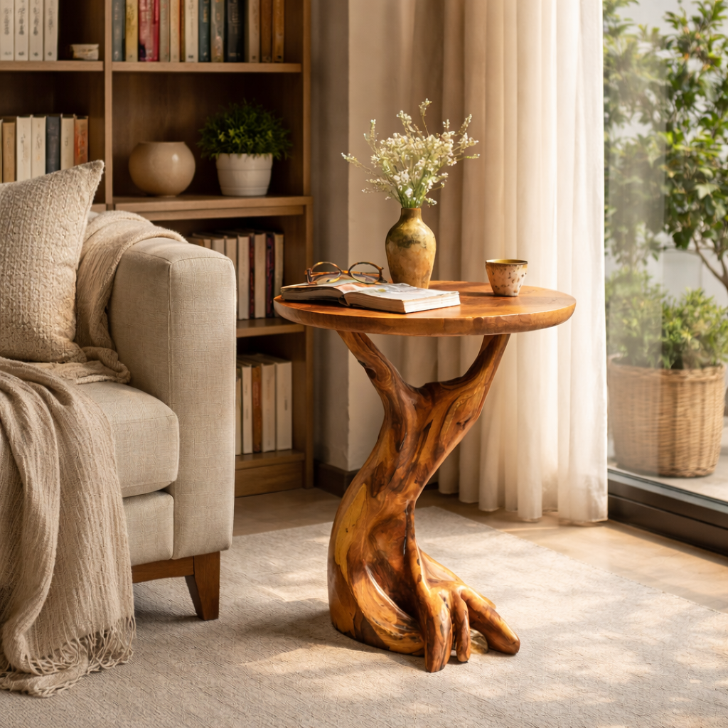Root Form Solid Wood Accent Side Table with Round Top for Living Room Decor