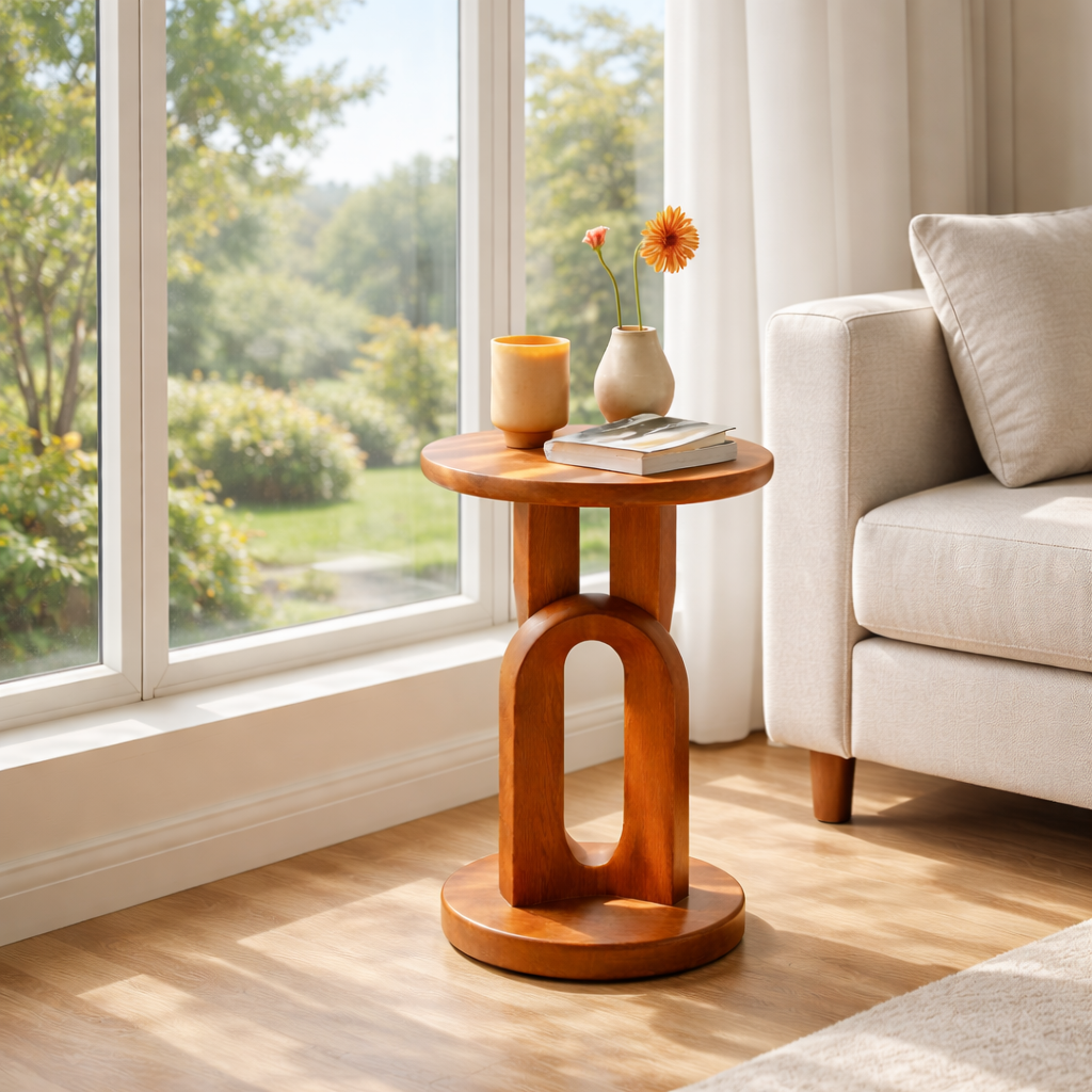 Tall Solid Wood Side Table Round Top Pedestal Living Room Decor
