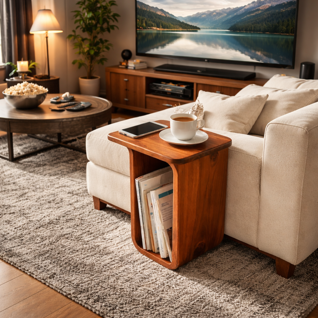 Sculptural Solid Wood Side Table for Living Rooms and Reading Corners