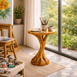 Organic Pedestal Solid Wood Side Table with Round Top for Living Room Decor