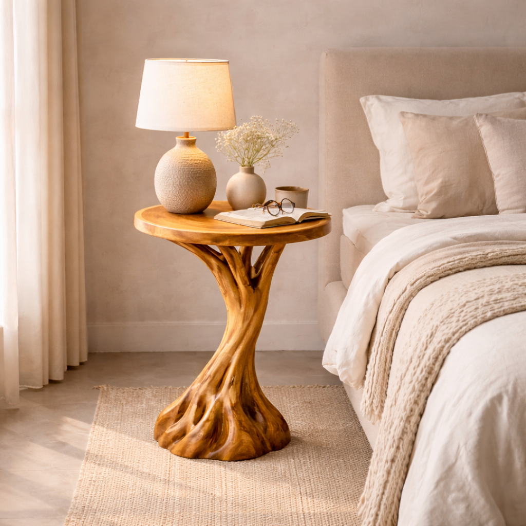 Organic Pedestal Solid Wood Side Table with Round Top for Living Room Decor