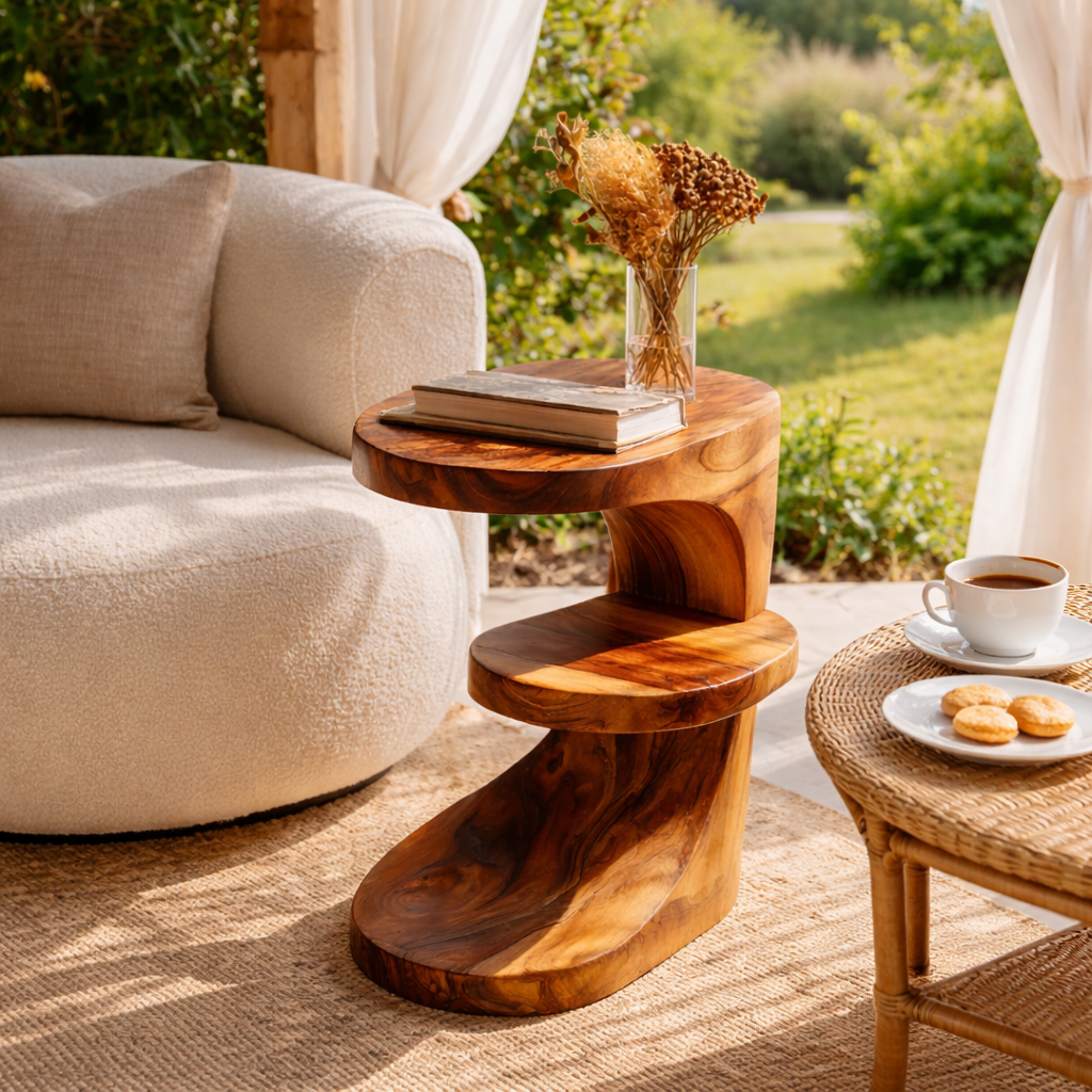 Sculptural Solid Wood Side Table for Living Room and Reading Nook