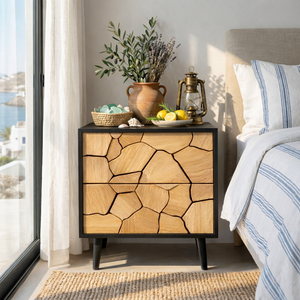 Handcrafted Solid Wood Nightstand with Geometric Carved Drawer Fronts and Black Frame