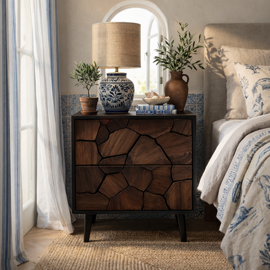 Handcrafted Solid Wood Nightstand with Geometric Carved Drawer Fronts and Black Frame