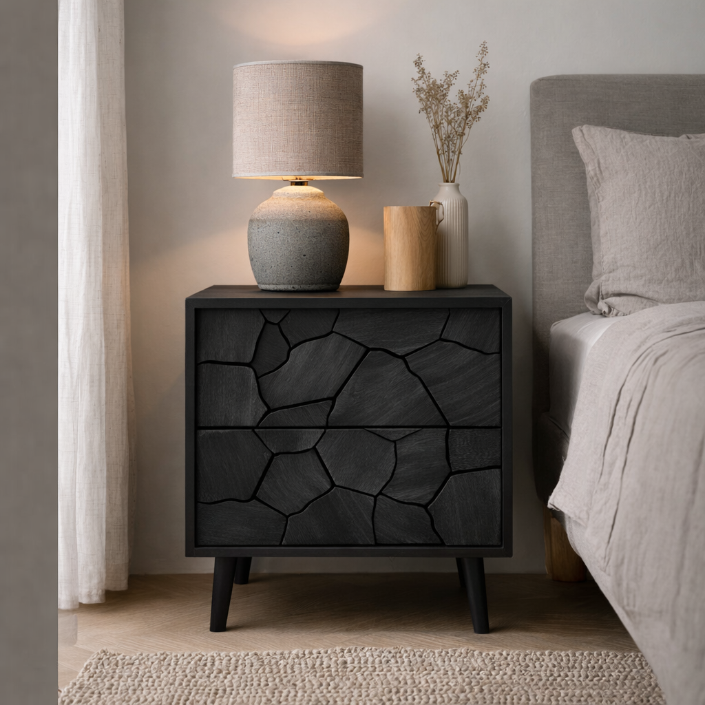 Handcrafted Solid Wood Nightstand with Geometric Carved Drawer Fronts and Black Frame