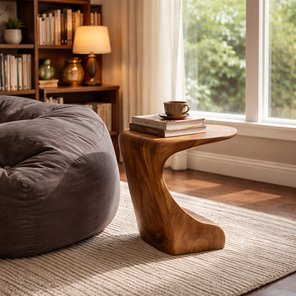 Modern Sculptural Solid Wood Side Table for Living Room Interior Decor