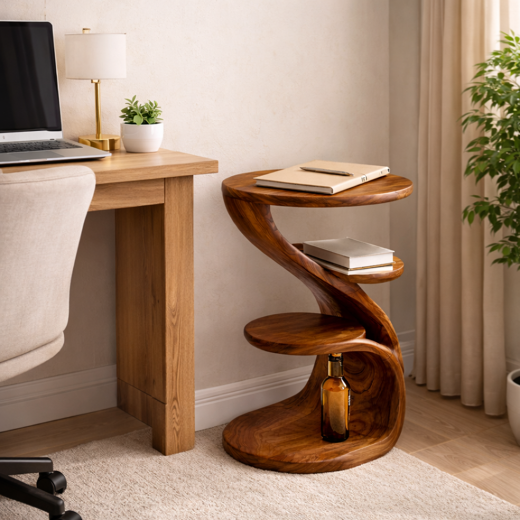 Modern Sculptural Three Tier Solid Teak Side Table for Living Room Use