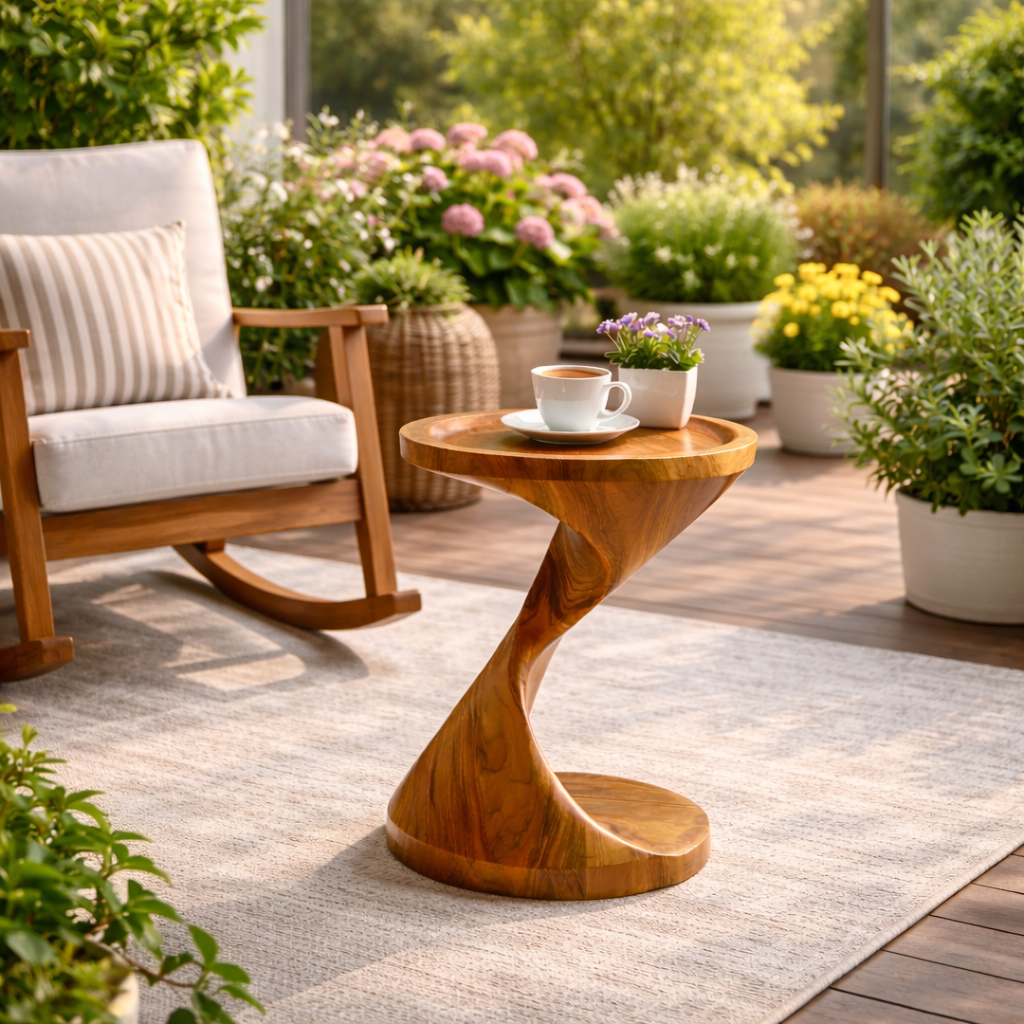 Spiral Pedestal Solid Wood Side Table with Tray Top for Living Room Decor