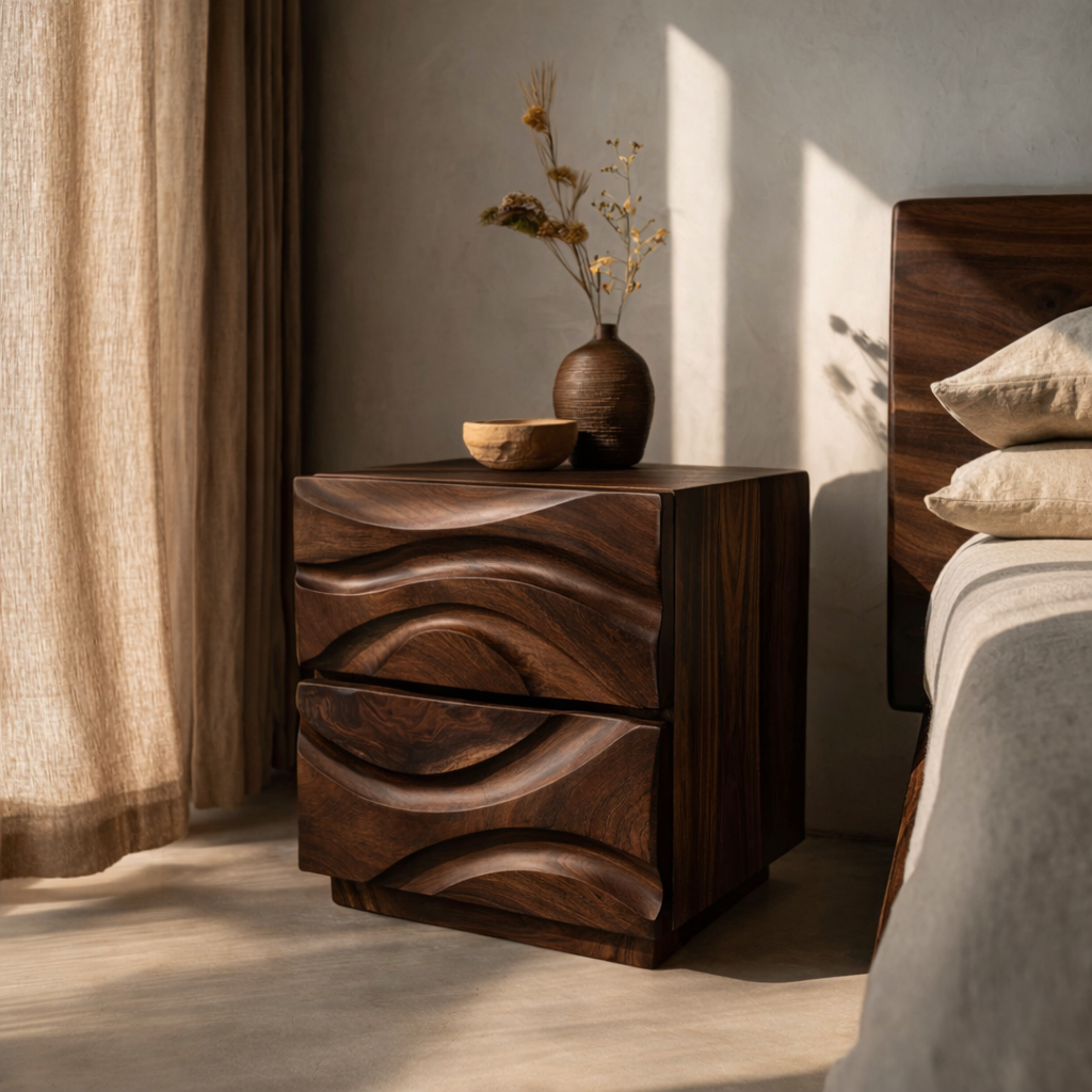 Handcrafted Solid Wood Nightstand with Sculpted Wave Drawer Fronts