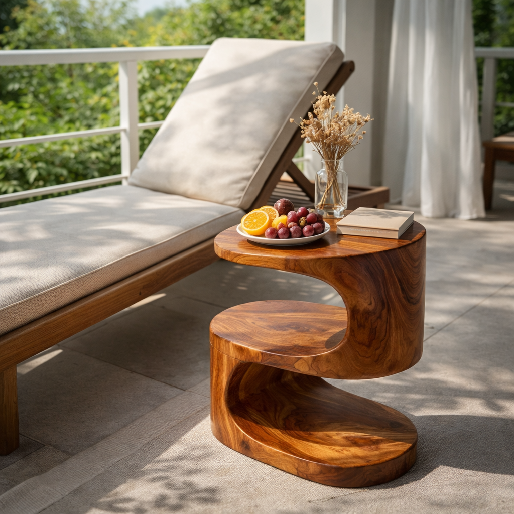 Curved Solid Wood Side Table Two Tier Organic Design for Living Room
