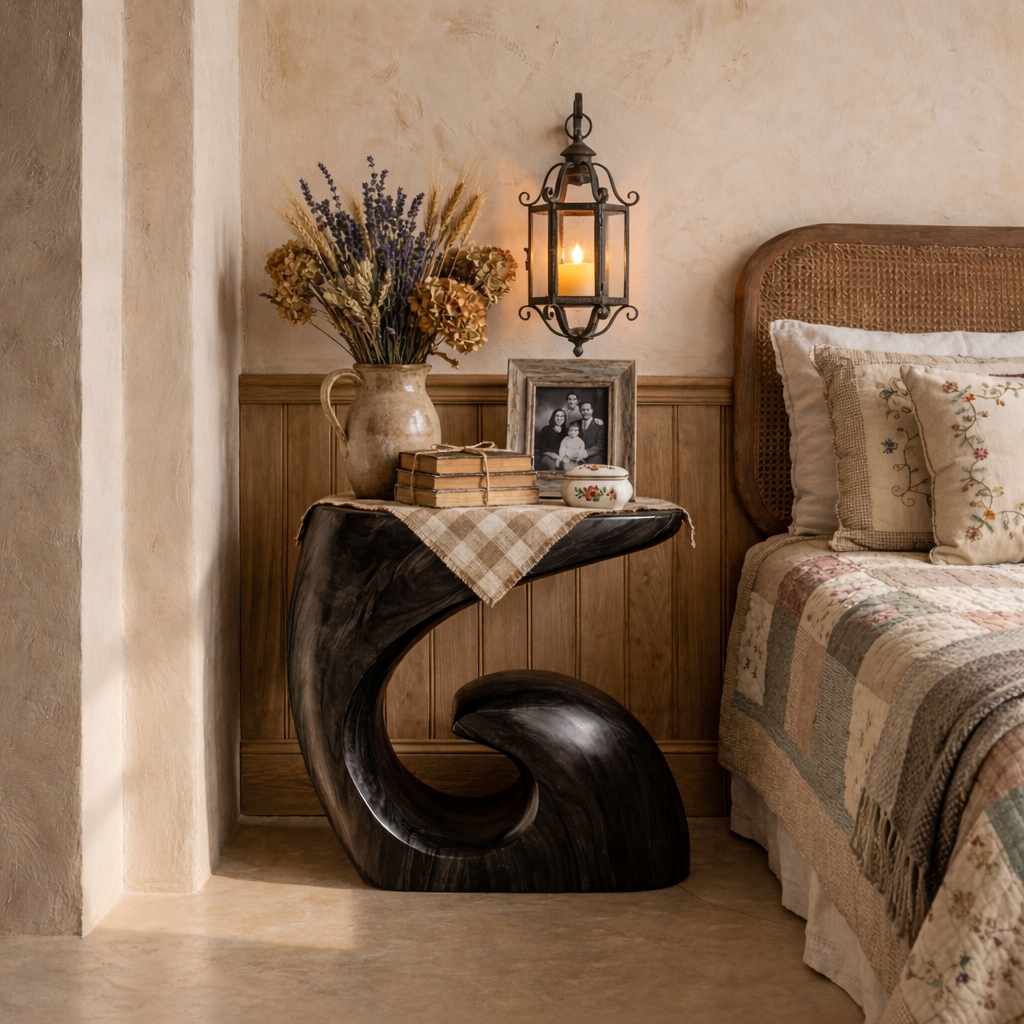 Handcrafted Solid Wood Side Table with Sculptural Curved Base for Bedroom