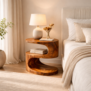 Curved Solid Wood Side Table Two Tier Organic Design for Living Room