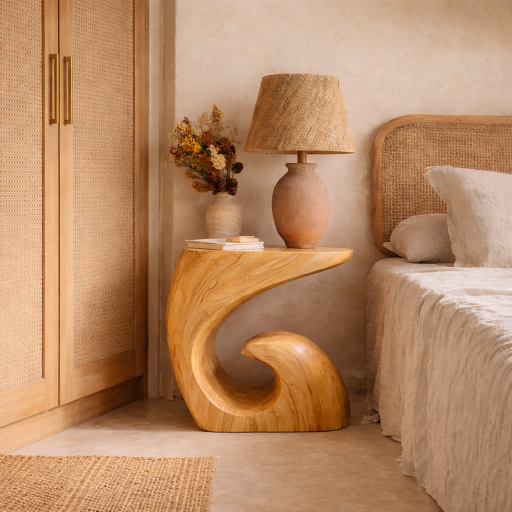 Handcrafted Solid Wood Side Table with Sculptural Curved Base for Bedroom