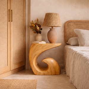 Handcrafted Solid Wood Side Table with Sculptural Curved Base for Bedroom