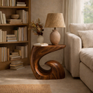 Handcrafted Solid Wood Side Table with Sculptural Curved Base for Bedroom