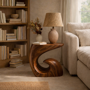 Handcrafted Solid Wood Side Table with Sculptural Curved Base for Bedroom