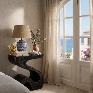 Handcrafted Solid Wood Bedside Table for Lamp with Sculptural Curved Base