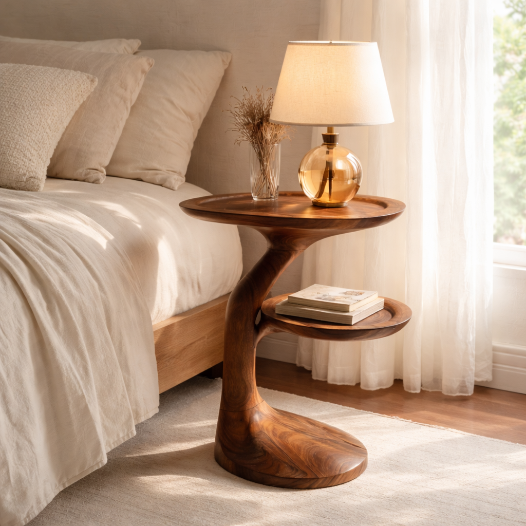 Sculptural Solid Wood Side Table with Offset Shelf for Living Room or Reading Nook