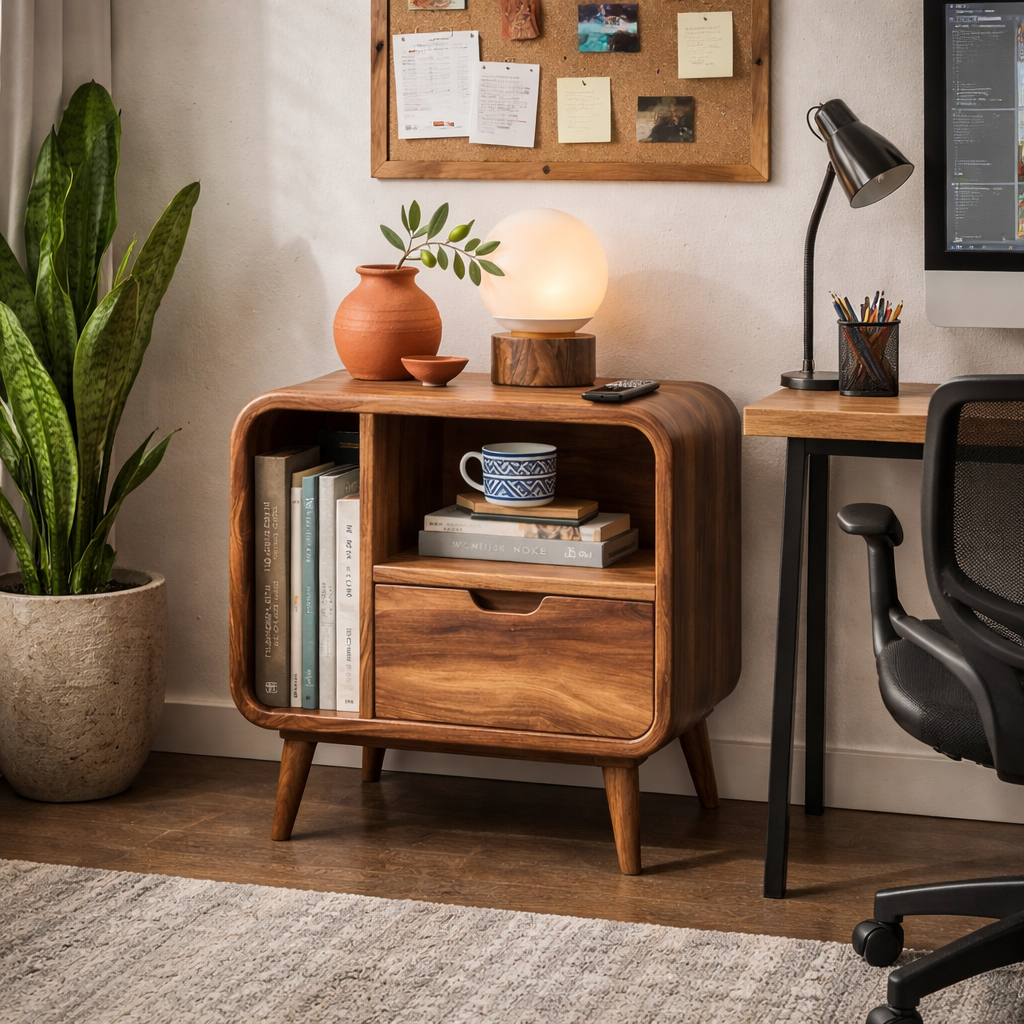 Solid Wood Nightstand with Drawer and Open Side Storage for Bedroom