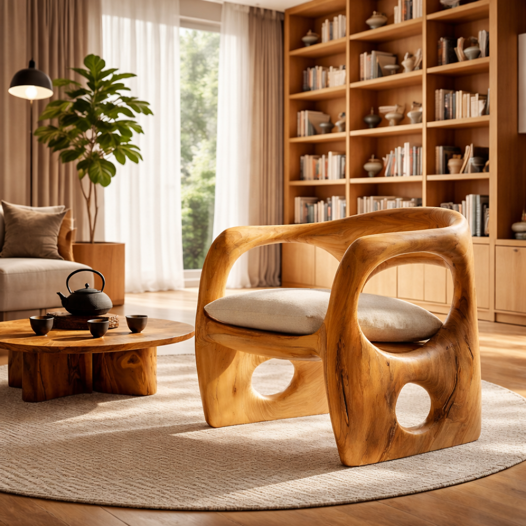 Hand Carved Solid Wood Lounge Chair with Organic Sculptural Design for Living Room