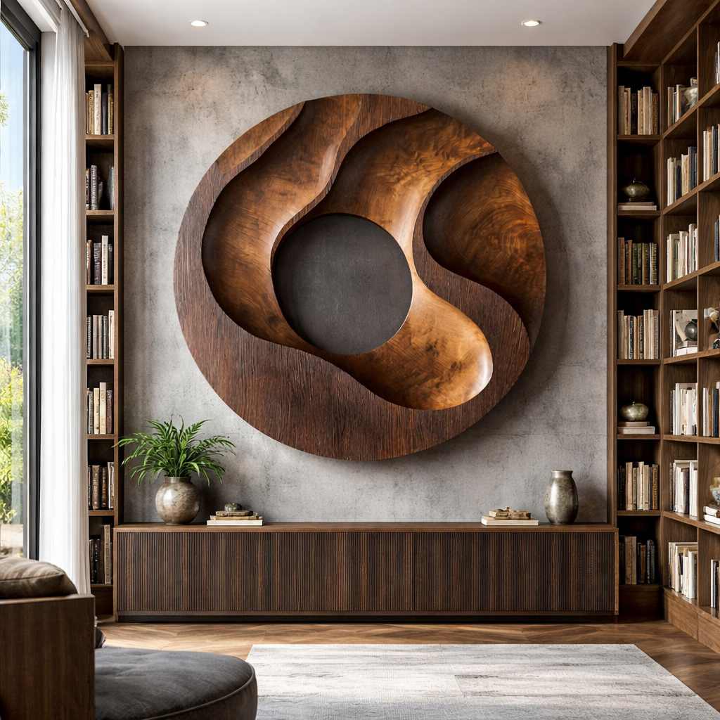 Modern Round Solid Wood Wall Sculpture for Living Room Decor