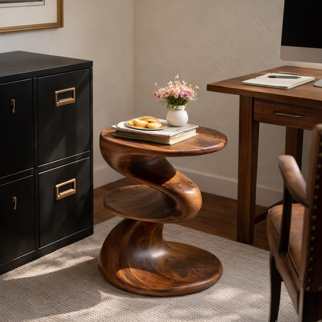 Solid Wood Spiral Two Tier Accent Table for Modern Living Room