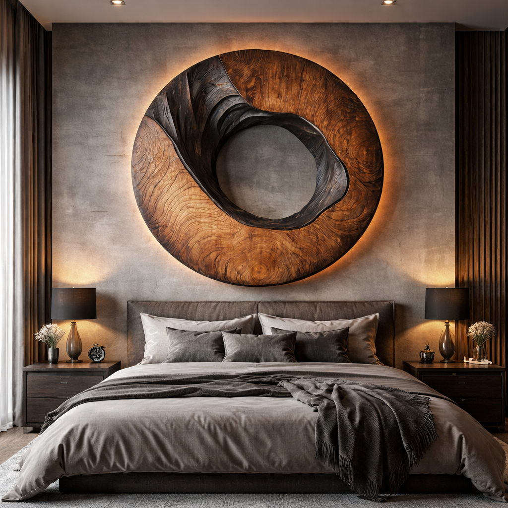 Modern Organic Circular Solid Wood Wall Sculpture for Interior Decor