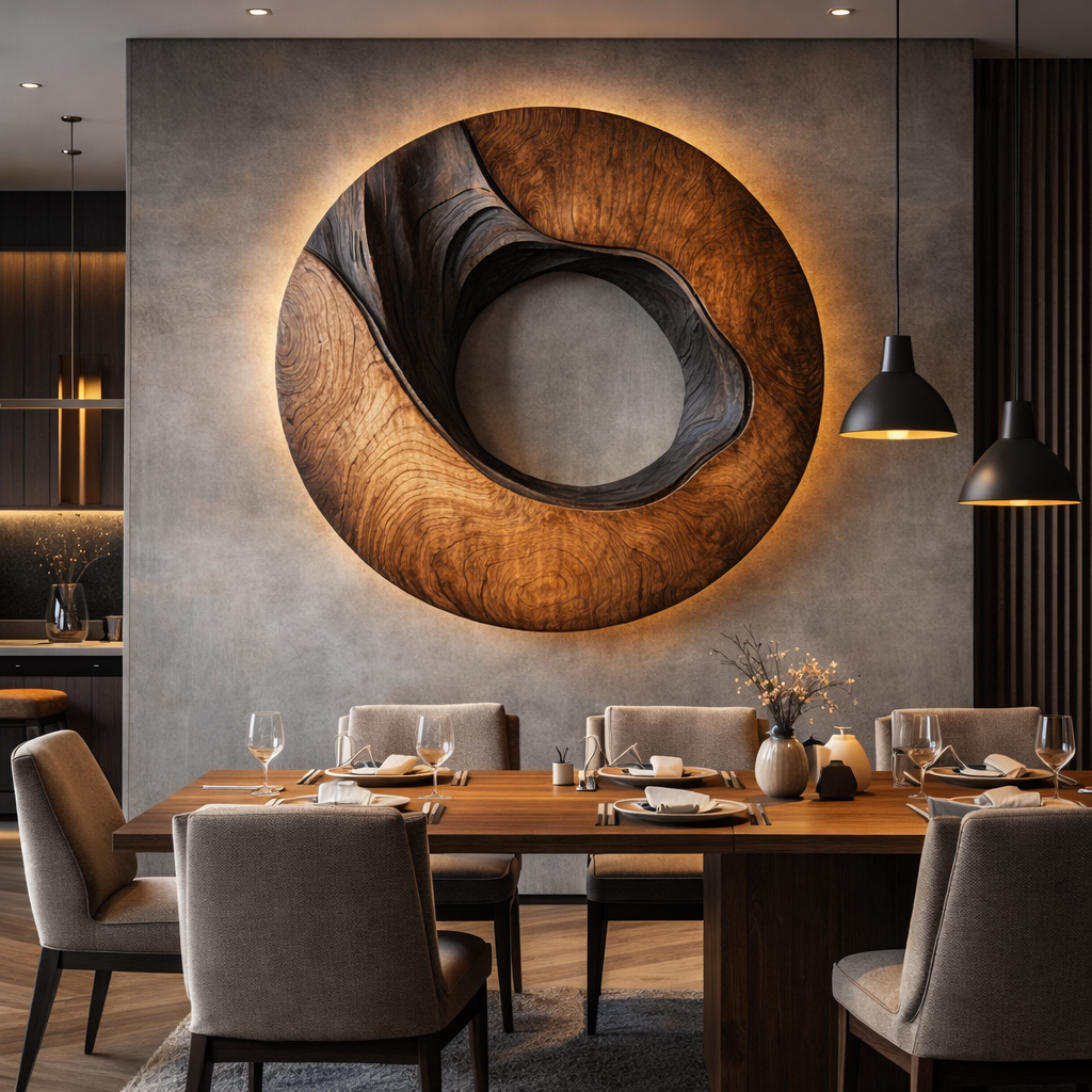 Modern Organic Circular Solid Wood Wall Sculpture for Interior Decor