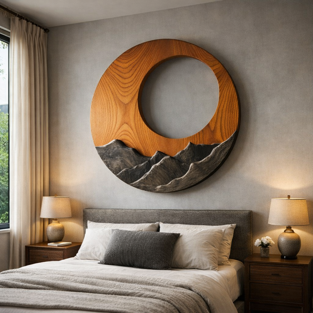Round Solid Wood Wall Sculpture Mountain Relief for Modern Rustic Decor