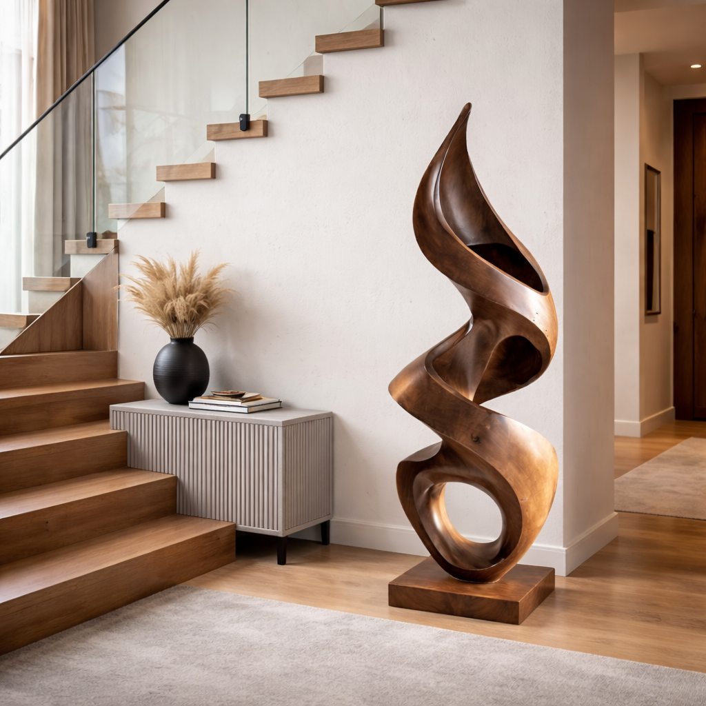 Contemporary Hand-Carved Solid Wood Flow Sculpture for Interior Art Spaces